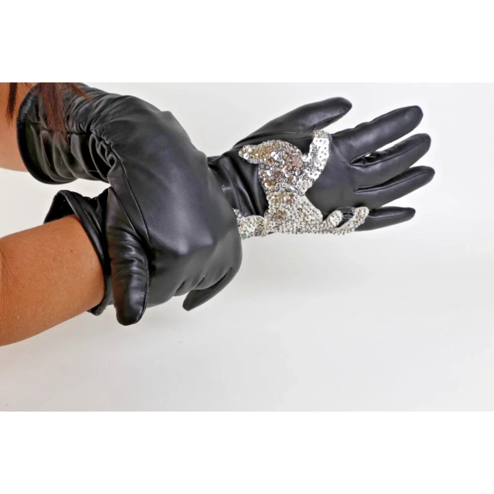 Vintage Black Leather Slouch Gloves Silver Sequin Cashmere Lined Size M / L